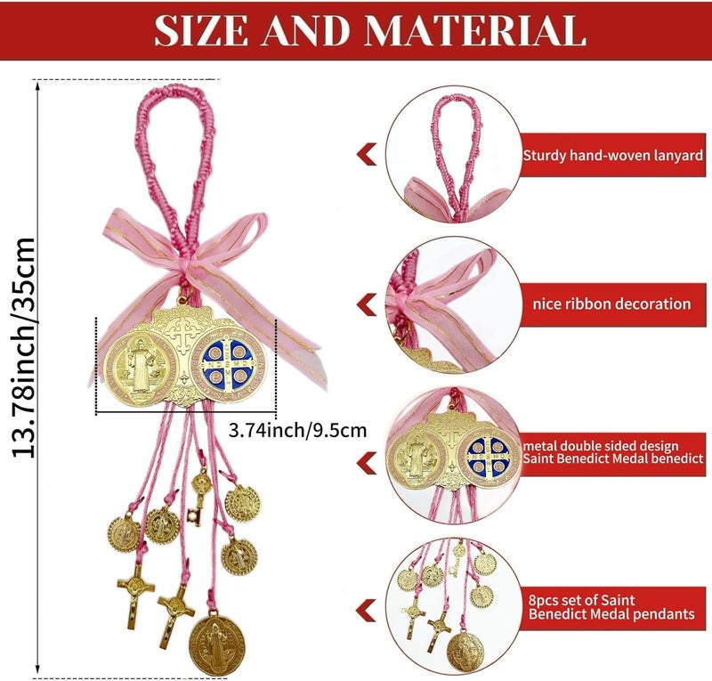Bovemee Escapularios Catolicos,2PCS Golden Saint Benedict Medal Protection Blessing Charm, St Benedict Crucifix, Catholic Handmade Jewelry Gift Car Hanging Home Decor (2PCS Pink Medal) - Image 3